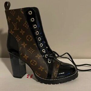 LV Black & Brown Monogram Heeled Trail Ankle Boots